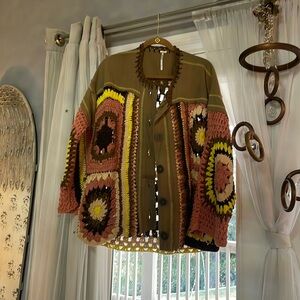 Free people, crochet bohemian jacket with cute pewter buttons.